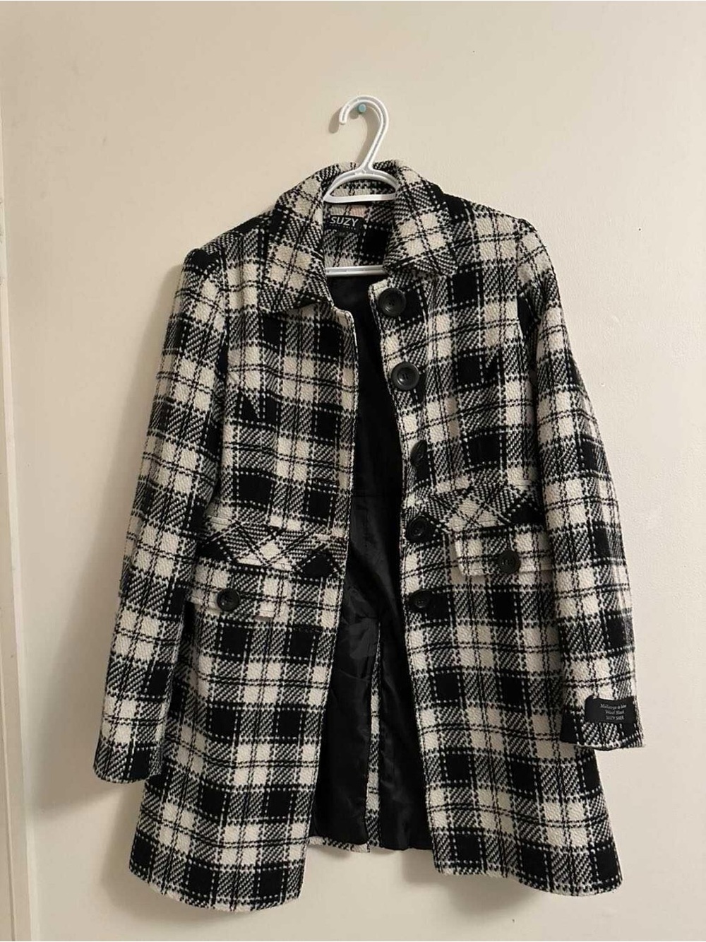 Suzy Shier Black & White Plaid Pea Coat